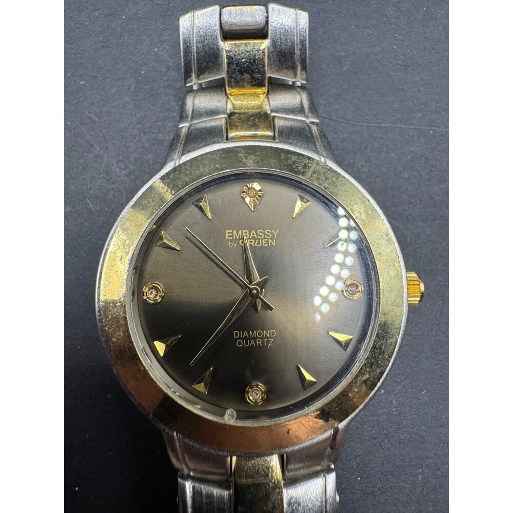 Embassy Gruen Watch Silver Tone Diamond Accent Quartz GEM2420M Black Dial